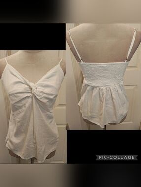 Y2K Old Navy Linen Blend White Twist Tie Front & Smocked Back Tank Top.
